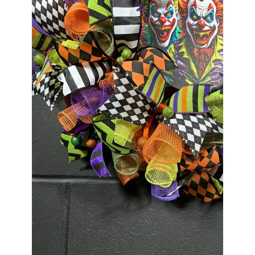 Scary Halloween Wreath Creepy Killer Clowns Handmade XL 24 Inch Deco Mesh